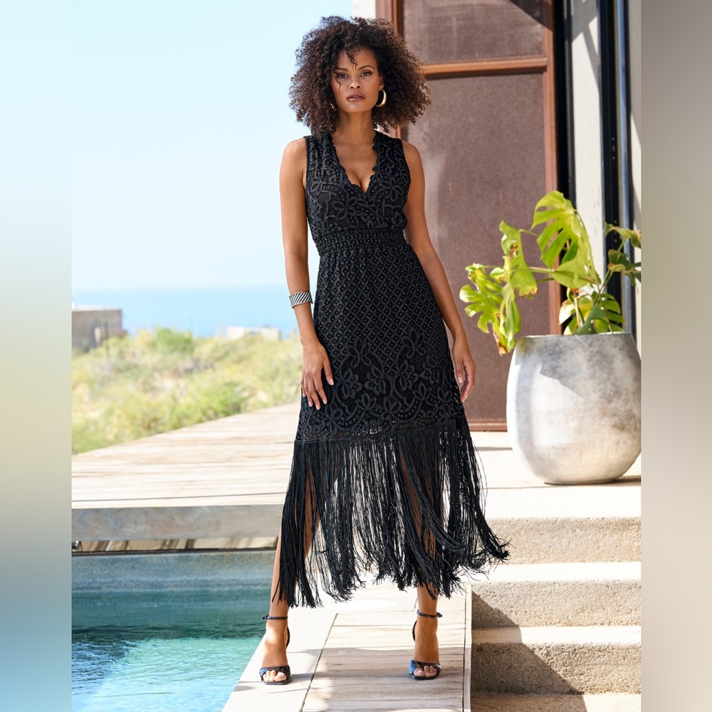 Boston Proper Black Lace V Neck Fringe Dress Sz M